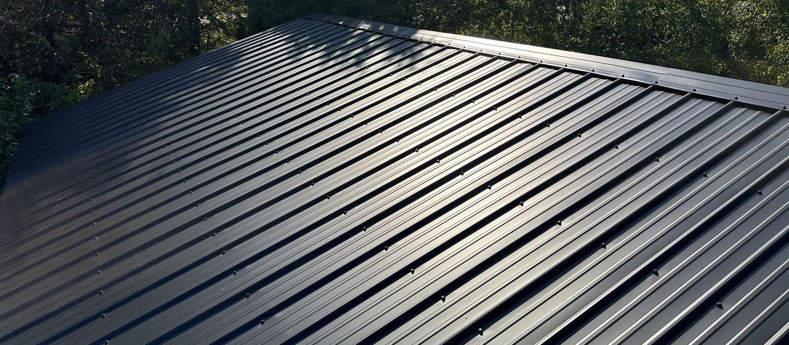 Classic Rib exposed fastener roof in black, showing the rib pattern and screw lines